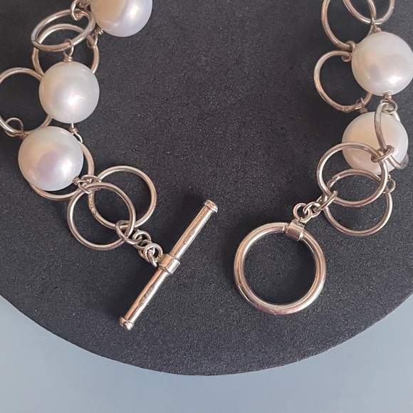 Vintage 925 Sterling Silver Double-Strand Bracelet Freshwater Pearl Toggle Clasp - Picture 3 of 5